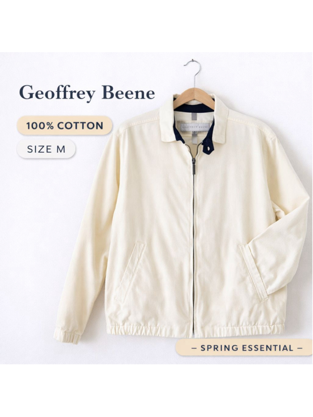 Geoffrey Beene Cream Harrington Jacket Zip Front Cotton Lightweight Men’s Med